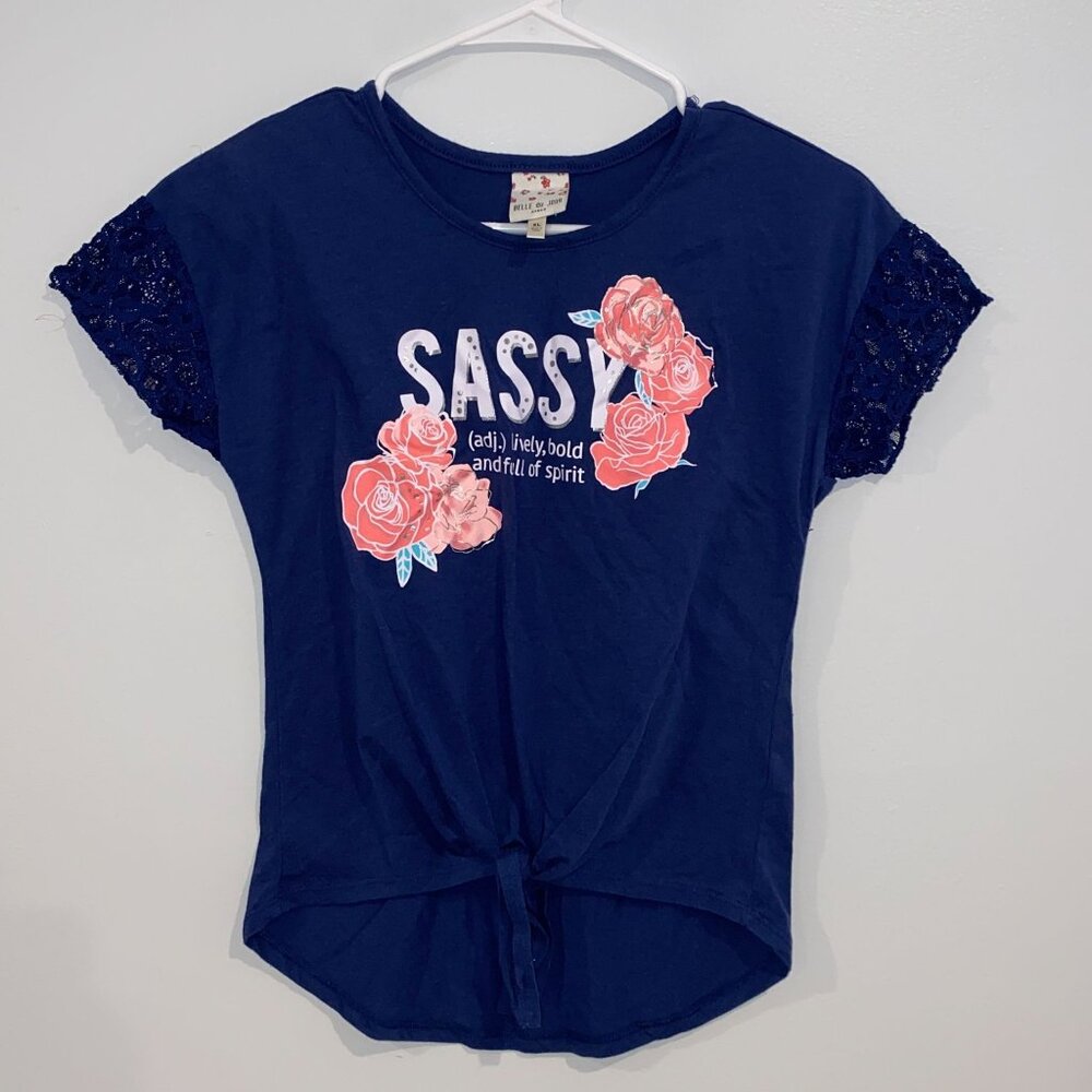 Sassy Belle du Jour Girls Blue Lace Sleeve Shirt Front Tie XL